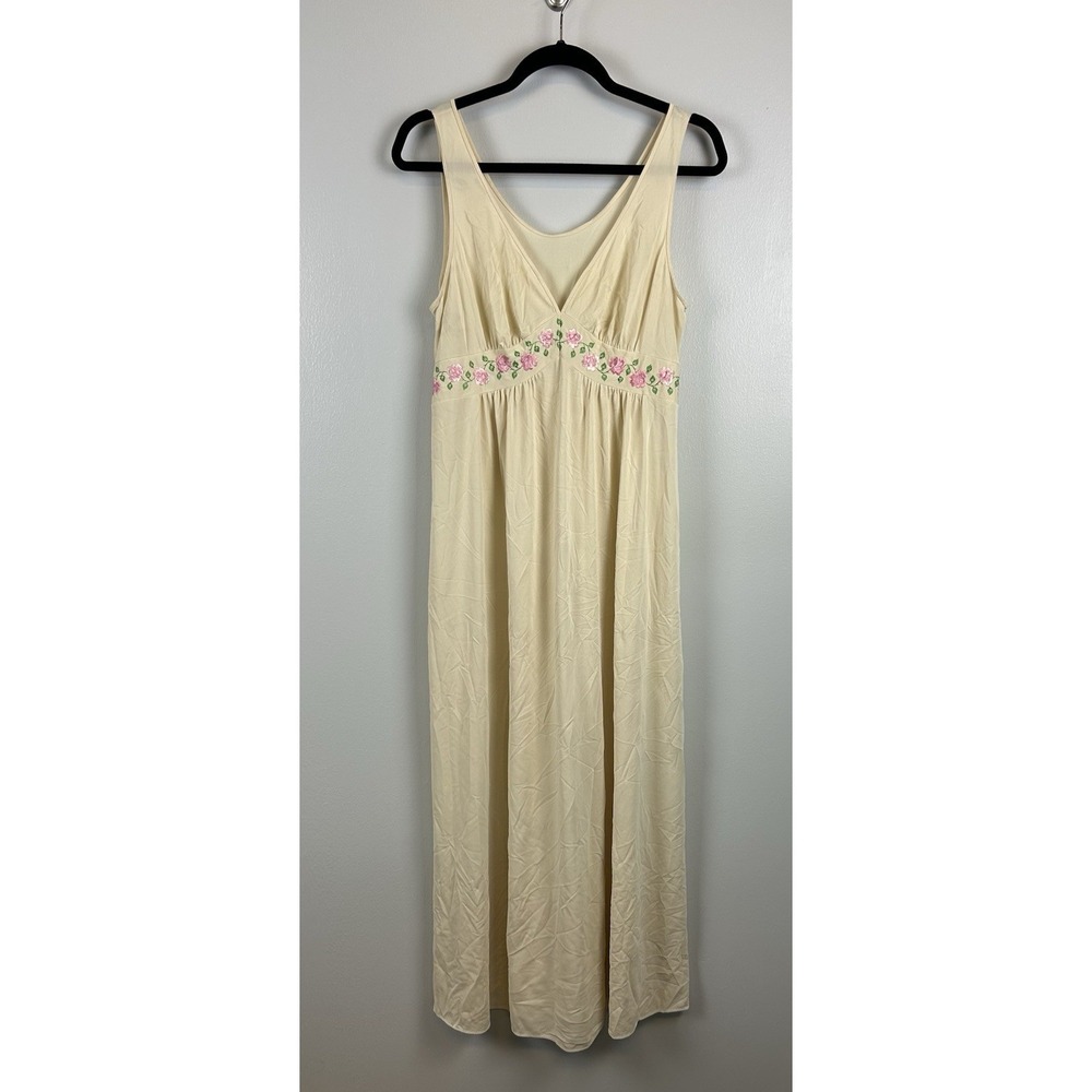 Vintage Shadowline Floral Gown Maxi Slip Dress Medium Nude Tan Babydoll Nylon
